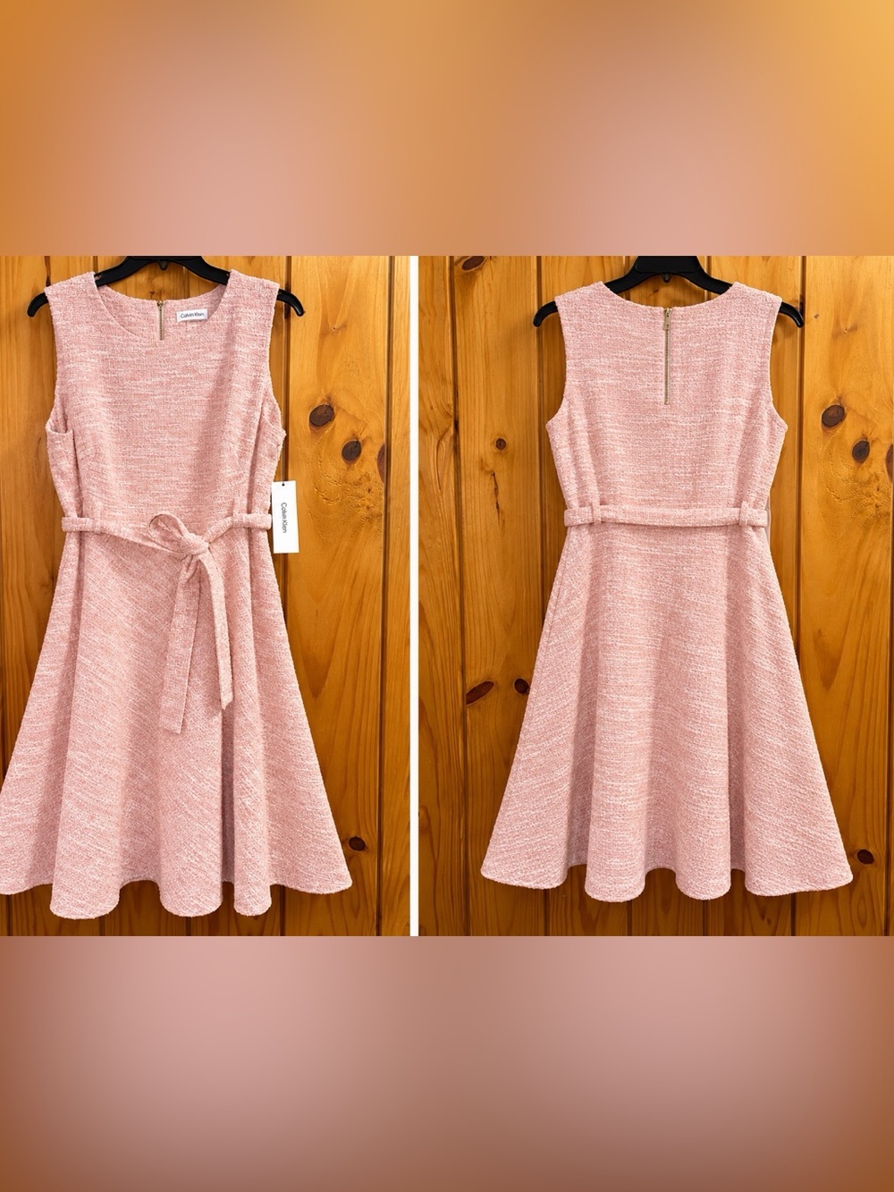 Calvin Klein A-line Midi Tweed Dress with Tie Belt Pink Size 16 NWT